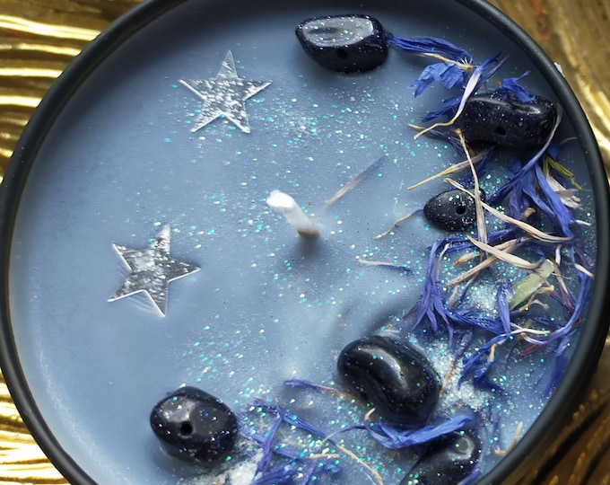 Starry night candle infused with Blue Goldstone