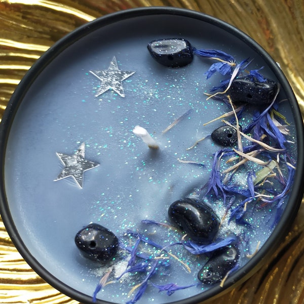 Starry night candle/ men's aftershave candle / crystal intention candles/ blue goldstone / witch candles / sandalwood / Christmas gift/ yule