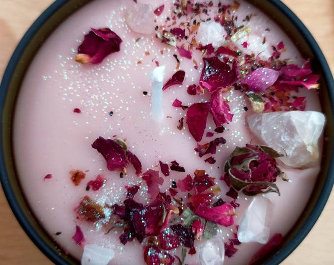 Love spell candle infused with Rose Quartz