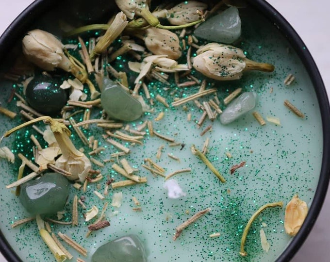 Green witch crystal intention candle infused with Green Aventurine
