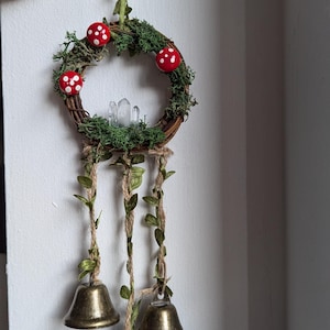 Witches bells/ bronze witches bells/ wreath bells/ mushroom/ clear quartz crystal / wiccan home decor / pagan home decor/ mushroom decor /