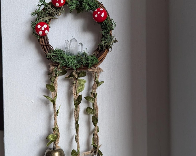 Witches bells/ bronze witches bells/ wreath bells/ mushroom/ clear quartz crystal / wiccan home decor / pagan home decor/ mushroom decor /