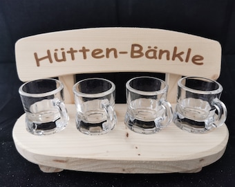 Hütten-Bänkle Schnapsbank Stamperl mit 4 Gläsern