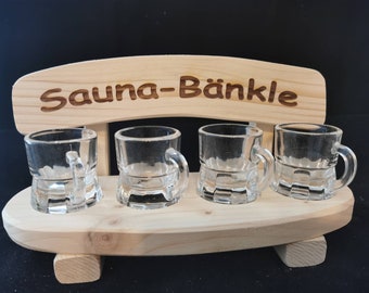 Sauna Bänkle Schnapsbank Stamperl mit 4 Gläsern