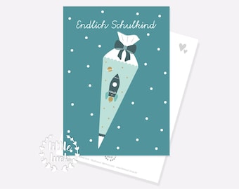 Finally school child postcard school enrollment school cone with rocket A6 card gift boys girls