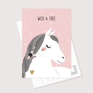 Carte postale cheval "Wild & Free" A6 Carte rose Cadeau par exemple pour naissance Anniversaire Garçon Fille Bébé
