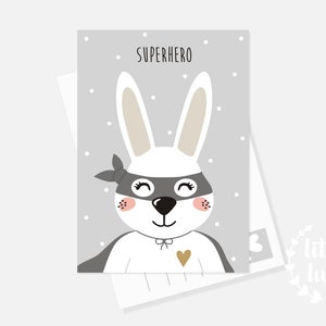 Carte postale Superheasero Lapin A6 Carte grise Cadeau par exemple pour naissance anniversaire garçon fille bébé