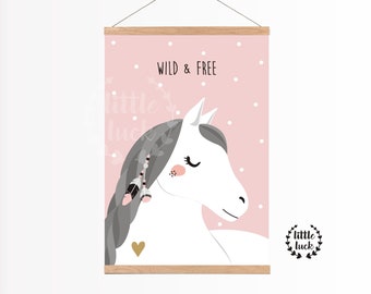 Pferd Kinderzimmer - Poster A4 "Wild & Free" rosa Mädchen