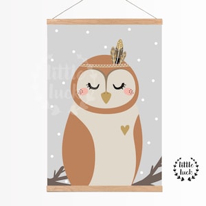 Póster Búho Guardería en A4 Animales del Bosque Gris Marrón Niños Niñas Bebé
