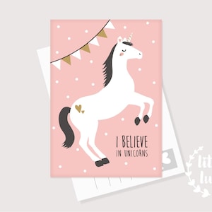 Carte postale licorne A6 rose cadeau par exemple pour naissance anniversaire fille bébé