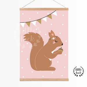 Eichhörnchen Kinderzimmer - Poster A4 Waldtiere rosa Mädchen