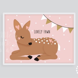 Póster infantil "Lovely Fawn" A4 rosa ciervo animales del bosque