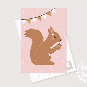 Cartolina scoiattolo A6 carta rosa regalo ad esempio per nascita compleanno ragazzo ragazza neonato