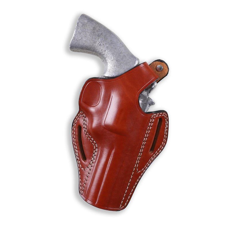 Premium brown leather OWB holster with thumb break for Colt Python 4.25 inch, 2-slot belt carry design, hand-molded revolver case