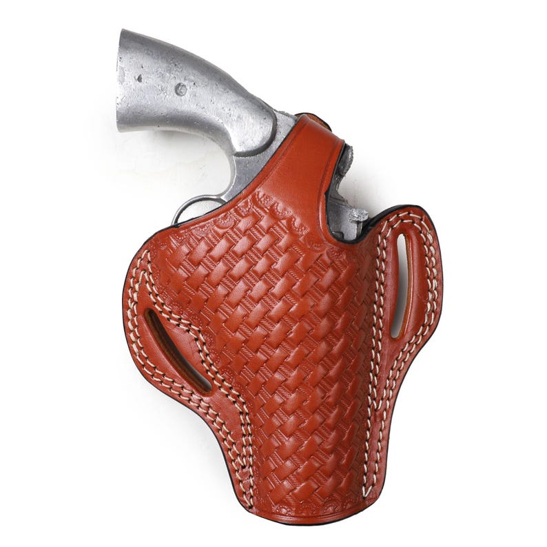 Hand-stamped basket weave leather holster for Colt Python 4.25 inch, premium artisan OWB case, traditional pattern leatherwork, 2-slot design
