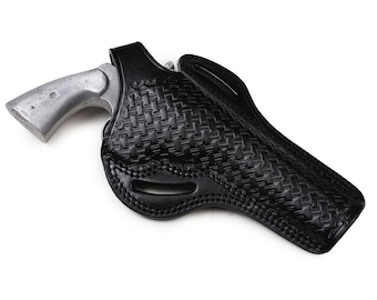 Pusat Holster Colt Diamodback 6 inch 38 SPL Revolver Basket Weave Leather Thumb Break Belt Holster