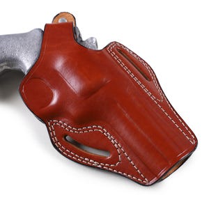 Premium brown leather OWB holster with thumb break for Colt Python 4.25 inch, 2-slot belt carry design, hand-molded revolver case