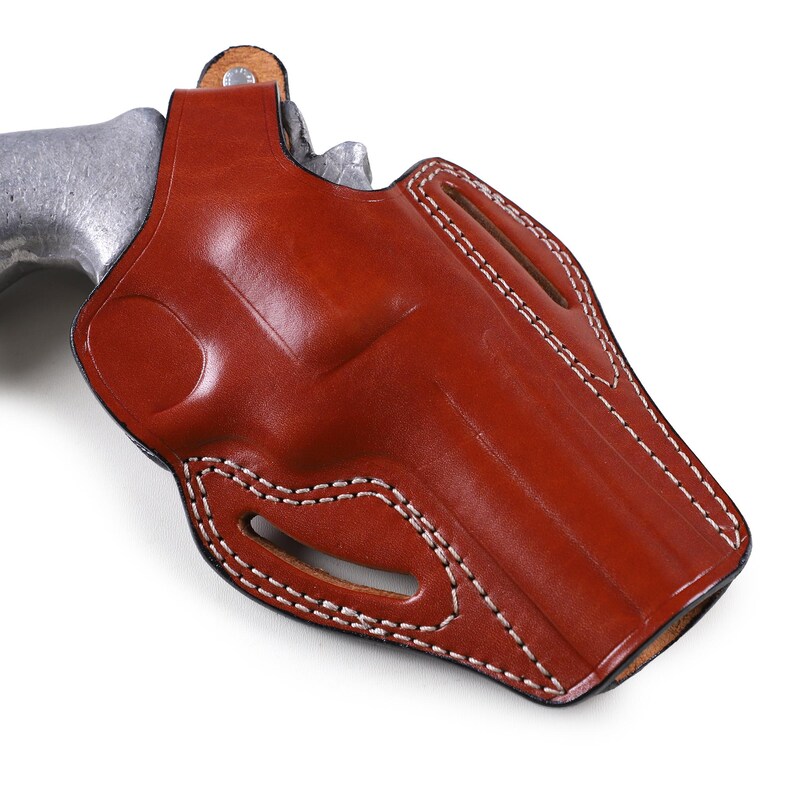 Premium brown leather OWB holster with thumb break for Colt Python 4.25 inch, 2-slot belt carry design, hand-molded revolver case