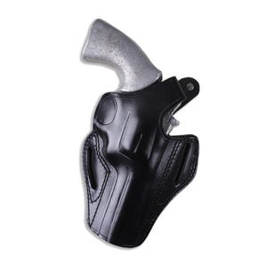 Premium brown leather OWB holster with thumb break for Colt Python 4.25 inch, 2-slot belt carry design, hand-molded revolver case