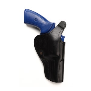May include: A blue handgun in a black leather holster. The holster has a flap that covers the trigger guard.