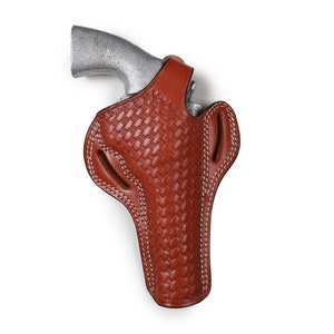 Pusat Holster Colt Trooper 6 inch 357 MAG Revolver Basket Weave Leather Thumb Break Belt Holster
