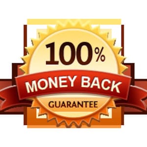 May include: A gold seal with the text "100%" in large, dark brown font. A red banner across the seal reads "MONEY BACK GUARANTEE" in white letters. The seal has a sunburst design and a dark brown border.