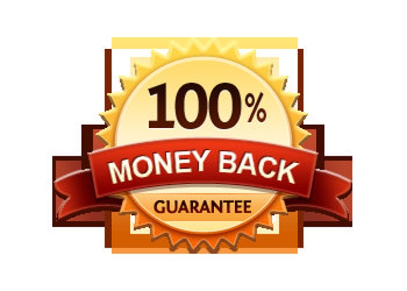May include: A gold seal with the text "100%" in large, dark brown font. A red banner across the seal reads "MONEY BACK GUARANTEE" in white letters. The seal has a sunburst design and a dark brown border.
