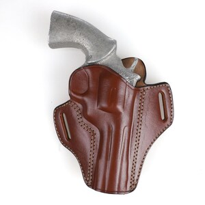 Open top leather holster for Colt Python 4.25 inch, fast draw OWB design, hand-molded friction retention, premium brown leather revolver case