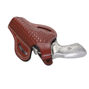 May include: A brown leather holster with a woven pattern and white stitching. A silver revolver is inside the holster.
