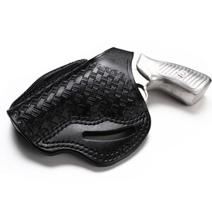 May include: A black leather holster with a woven pattern for a silver revolver.