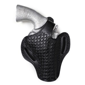 Hand-stamped basket weave leather holster for Colt Python 4.25 inch, premium artisan OWB case, traditional pattern leatherwork, 2-slot design