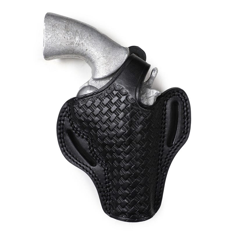 Hand-stamped basket weave leather holster for Colt Python 4.25 inch, premium artisan OWB case, traditional pattern leatherwork, 2-slot design
