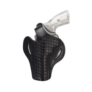 May include: A black leather holster with a woven pattern for a silver handgun.