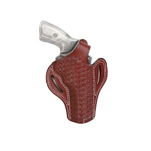 May include: A brown leather holster with a woven pattern and white stitching. The holster is designed to hold a revolver.