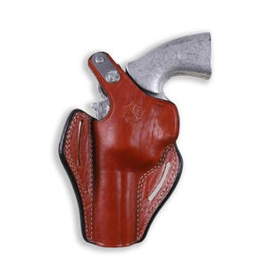 Premium brown leather OWB holster with thumb break for Colt Python 4.25 inch, 2-slot belt carry design, hand-molded revolver case