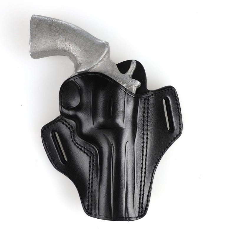 Open top leather holster for Colt Python 4.25 inch, fast draw OWB design, hand-molded friction retention, premium brown leather revolver case