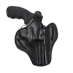 May include: A black leather holster for a handgun. The holster has a flap that covers the trigger guard and a belt loop.