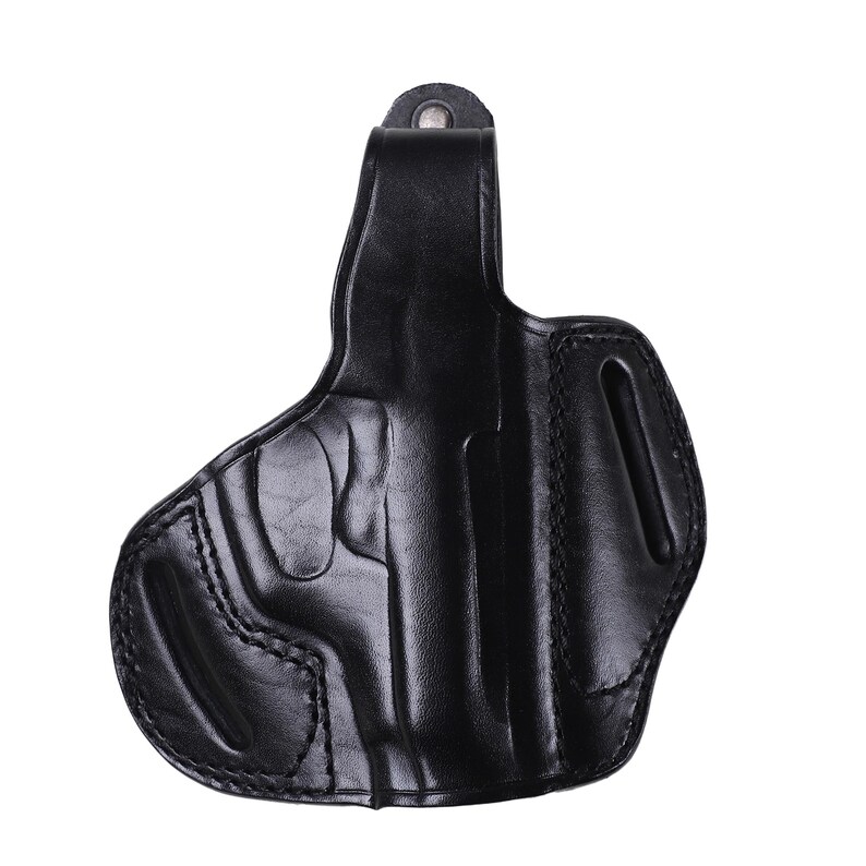 Handmade Black Right Hand leather OWB pancake holster by Pusat Holster, precision-molded for Beretta 84, 84BB, 84F, and 84FS Cheetah .380 ACP models. The image highlights the 100% premium genuine leather texture, hand-polished edges, and heavy-duty stitching on a white background. Features a secure thumb break with durable brass snaps and 304 stainless steel hardware. Designed for a perfect, rattle-free fit, offering a blend of classic style and tactical durability for daily carry.