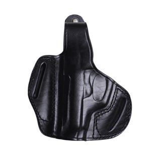 Handmade Black Left Hand leather OWB pancake holster by Pusat Holster, precision-molded for Beretta 84, 84BB, 84F, and 84FS Cheetah .380 ACP models. The image highlights the 100% premium genuine leather texture, hand-polished edges, and heavy-duty stitching on a white background. Features a secure thumb break with durable brass snaps and 304 stainless steel hardware. Designed for a perfect, rattle-free fit, offering a blend of classic style and tactical durability for daily carry.