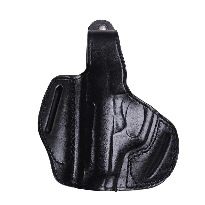 Handmade Black Left Hand leather OWB pancake holster by Pusat Holster, precision-molded for Beretta 84, 84BB, 84F, and 84FS Cheetah .380 ACP models. The image highlights the 100% premium genuine leather texture, hand-polished edges, and heavy-duty stitching on a white background. Features a secure thumb break with durable brass snaps and 304 stainless steel hardware. Designed for a perfect, rattle-free fit, offering a blend of classic style and tactical durability for daily carry.