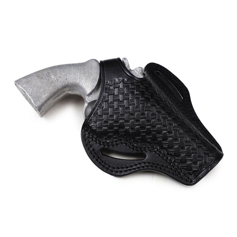 Hand-stamped basket weave leather holster for Colt Python 4.25 inch, premium artisan OWB case, traditional pattern leatherwork, 2-slot design