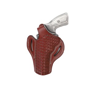 May include: A brown leather holster with a woven pattern and white stitching. The holster is designed to hold a revolver.