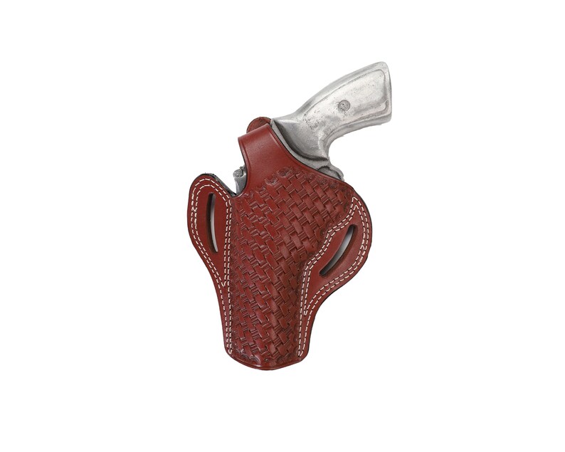 May include: A brown leather holster with a woven pattern and white stitching. The holster is designed to hold a revolver.