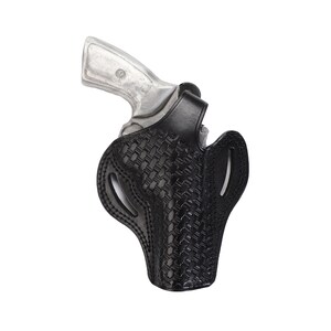 May include: A black leather holster with a woven pattern for a silver handgun.