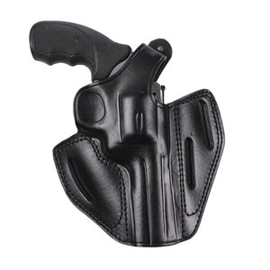 Könnte beinhalten: Ein schwarzes Lederholster für eine Pistole. Das Holster hat eine Gürtelschlaufe und einen Druckknopfverschluss.