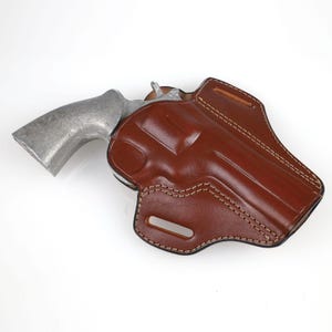 Open top leather holster for Colt Python 4.25 inch, fast draw OWB design, hand-molded friction retention, premium brown leather revolver case