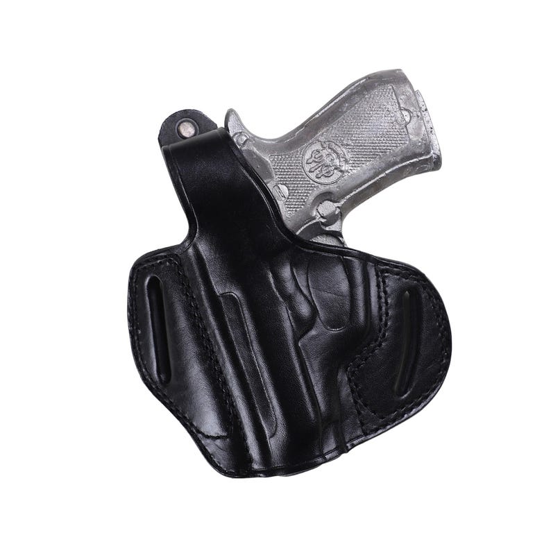 Handmade Black Left Hand leather OWB pancake holster by Pusat Holster, precision-molded for Beretta 84, 84BB, 84F, and 84FS Cheetah .380 ACP models. The image highlights the 100% premium genuine leather texture, hand-polished edges, and heavy-duty stitching on a white background. Features a secure thumb break with durable brass snaps and 304 stainless steel hardware. Designed for a perfect, rattle-free fit, offering a blend of classic style and tactical durability for daily carry.