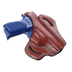 May include: A brown leather holster with white stitching for a blue handgun. The holster has a belt loop and a trigger guard.