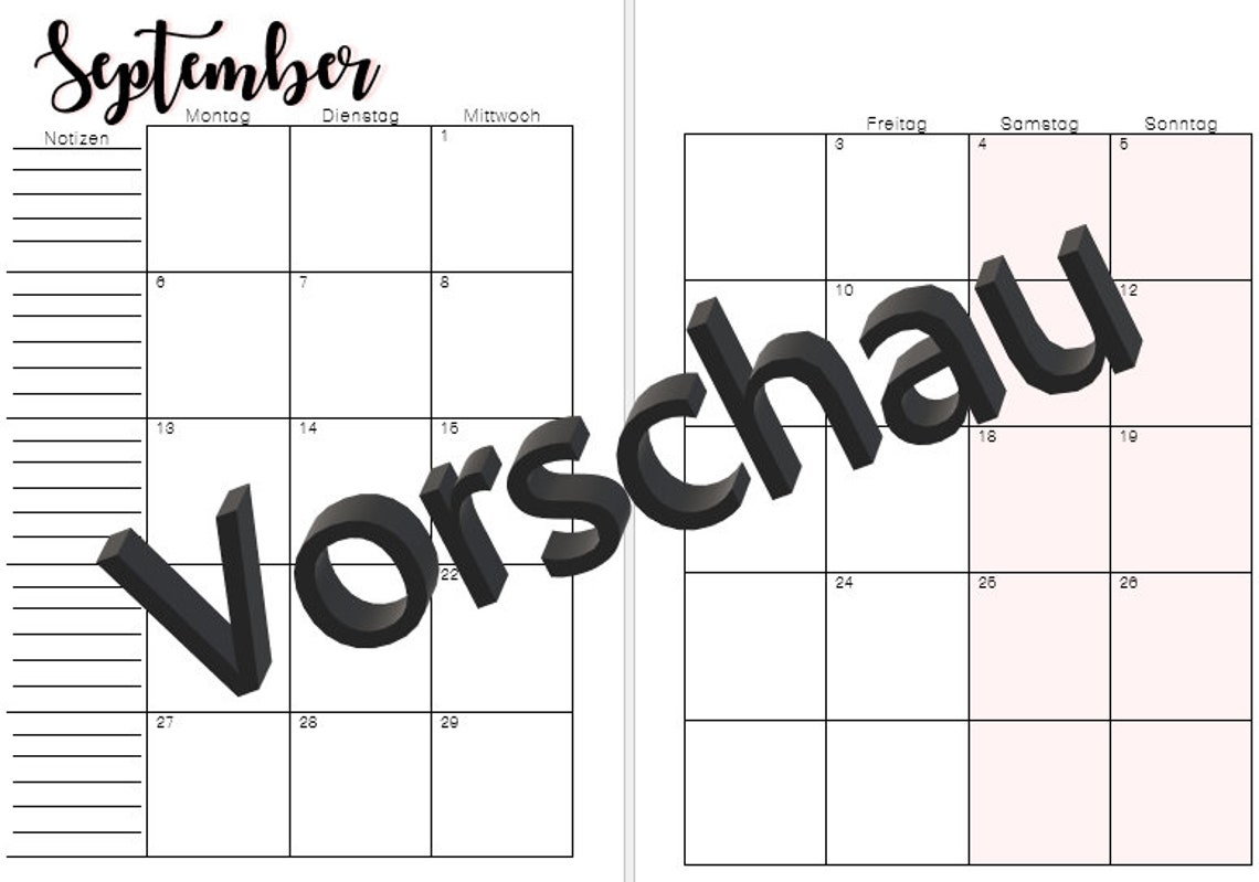 Kalendereinlage 1 Woche 2 Seiten Druck ab Wunschmonat | Etsy