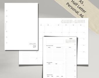 Calendar insert 2024 | Monthly overview | 1 month on 4 pages - 2 sheets | Filofax and Co | 6-fold perforation | Printed or PDF format